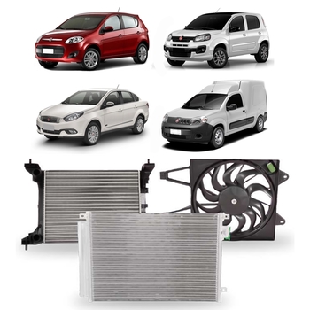 KIT RADIADOR CONDENSADOR VENTOINHA FIAT UNO PALIO FIORINO GRAND SIENA 2011 A 2024 FIRE EVO SISTEMA DENSO